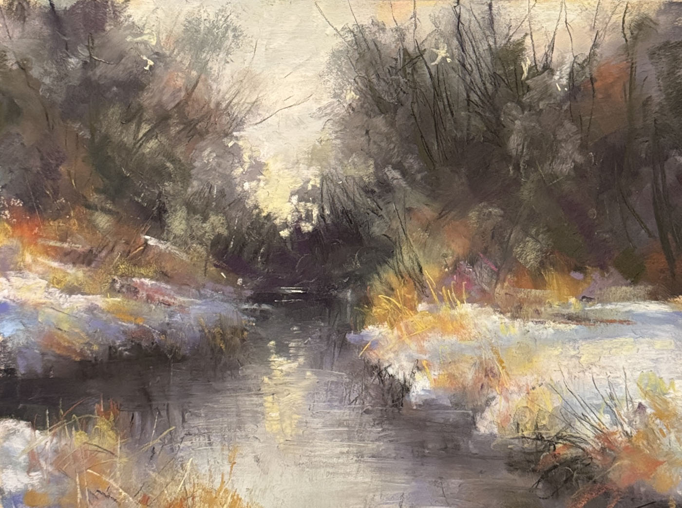 pastel painting of river with snow bed surrounding it