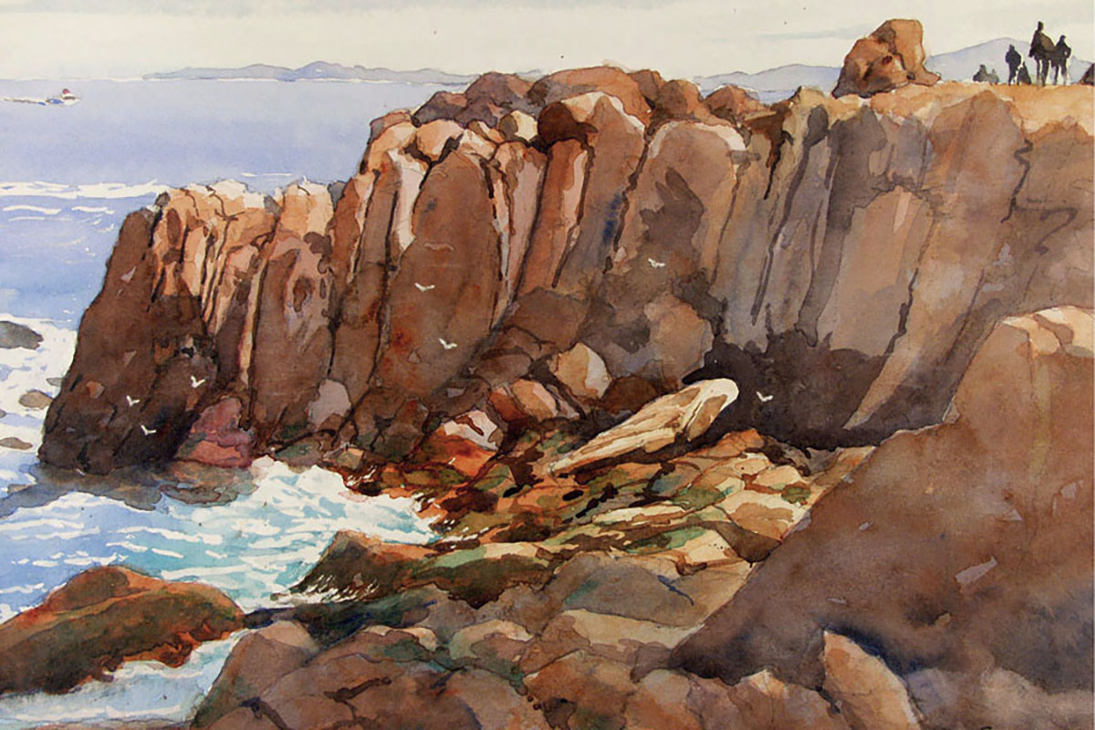 watercolor of rock cliff by the sea