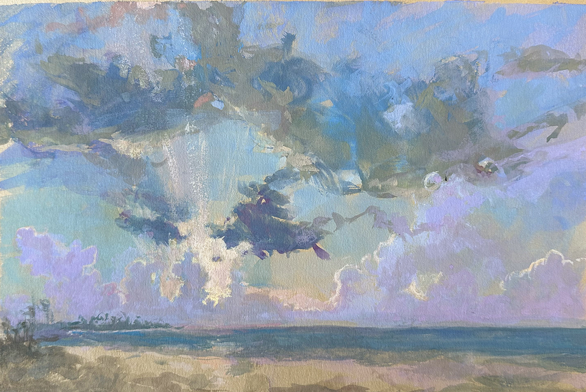 gouache painting of clouds above water