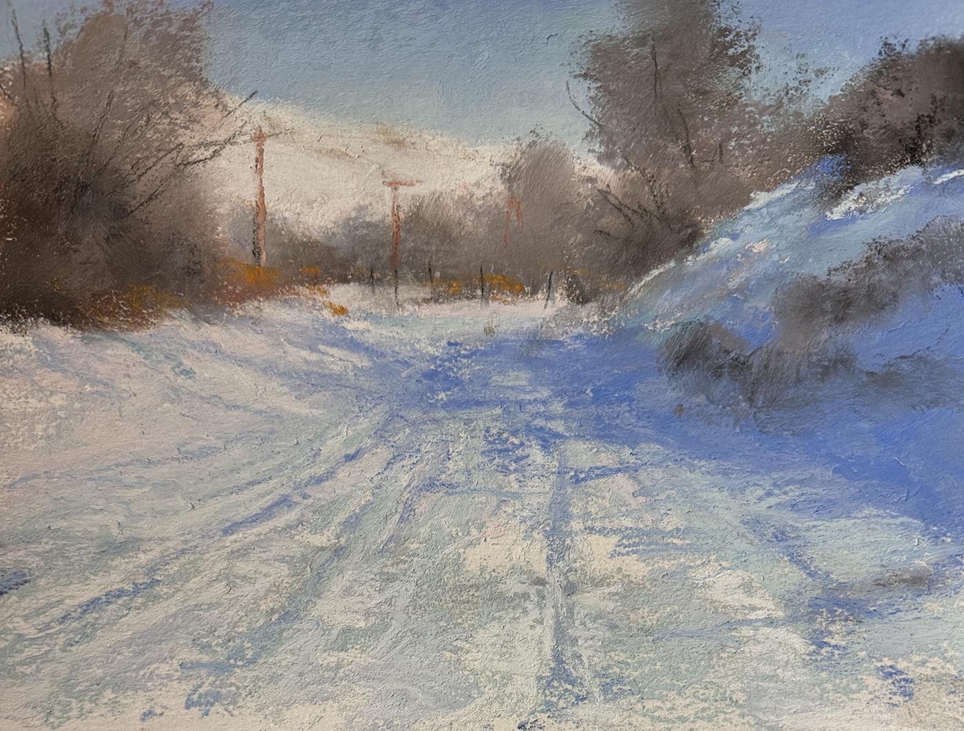 pastel painting of tire tracks in snow, leading down pathway
