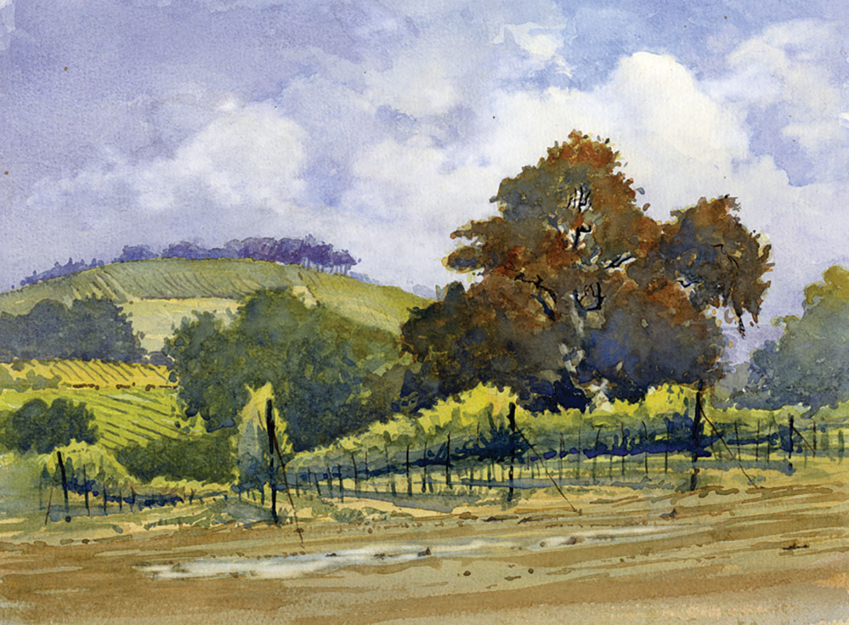 watercolor of landscape with valleys and hills; trees in background