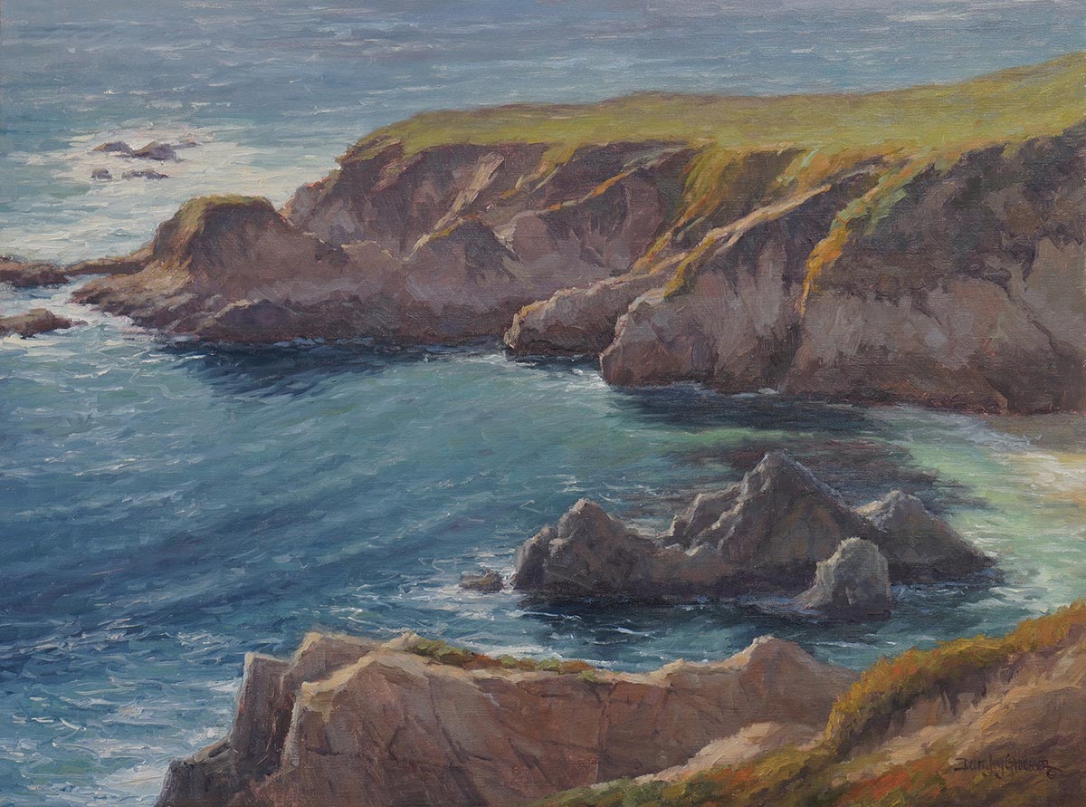 oil painting of cliffs with water below