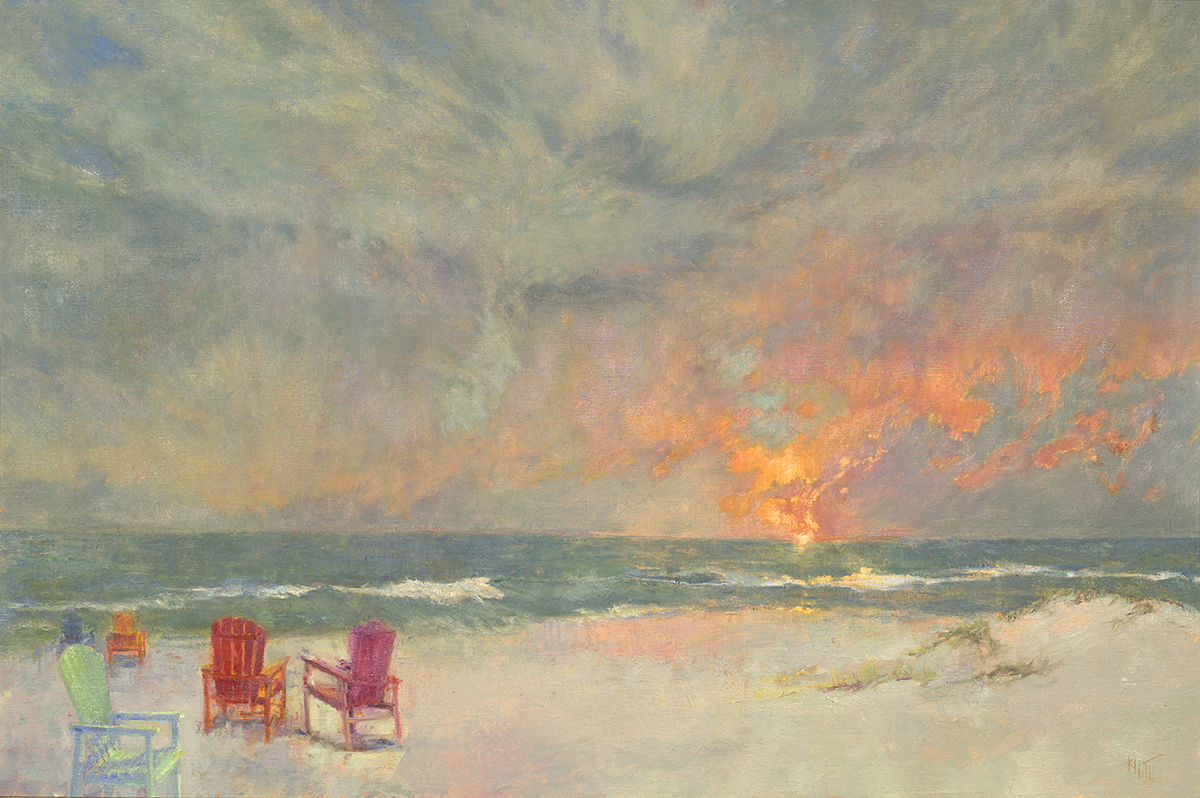 oil painting of sunset by beach with red chairs on left side