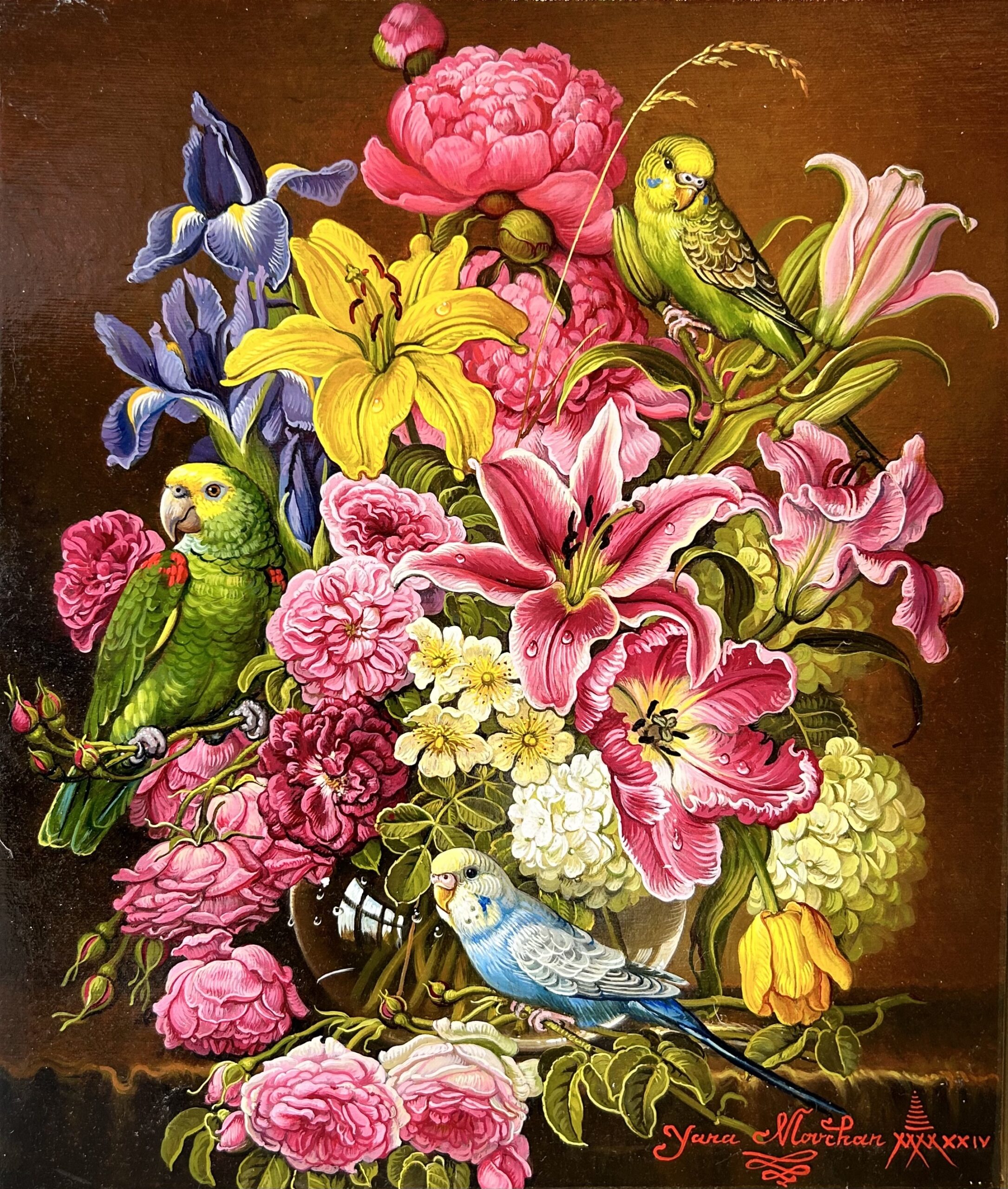 Yana Movchan, "Bouquet with Parrots," 12" x 14", oil on canvas, 2024
