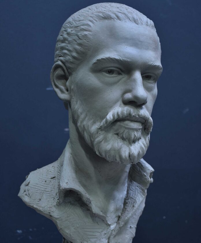 portraiture - Portrait of Justin, 2020, clay, 19 x 9 x 11 in., available through the artist