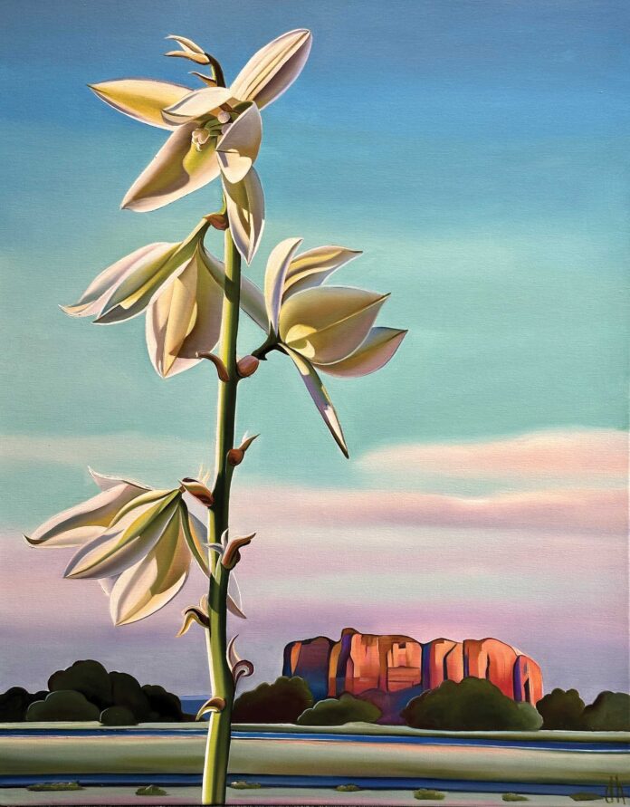 Dyana Hesson (b. 1966), "Sedona Windsock (Soap Tree Yucca, Sedona Airport)," 2024, oil on canvas, 28 x 22 in. Dyana Hesson (b. 1966), "Sedona Windsock (Soap Tree Yucca, Sedona Airport)," 2024, oil on canvas, 28 x 22 in.
