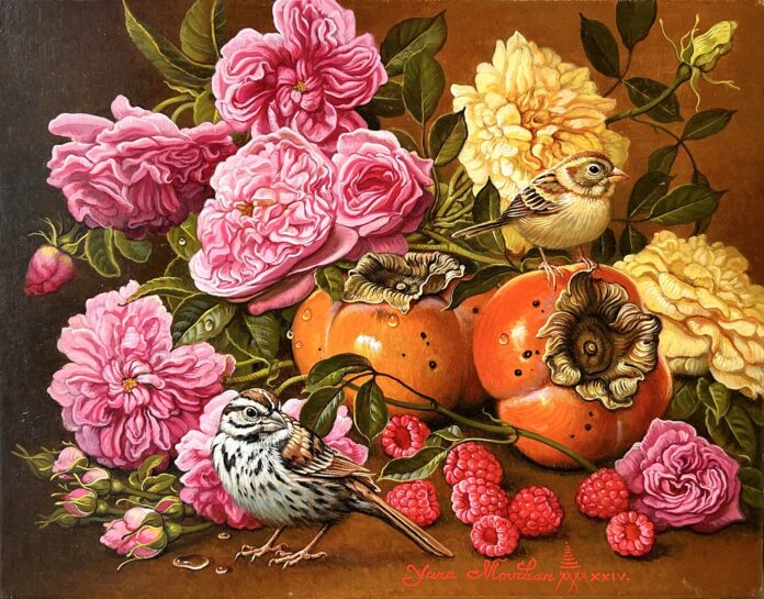 Yana Movchan, "Roses and Persimmons, 12" x 14", oil on canvas, 2025