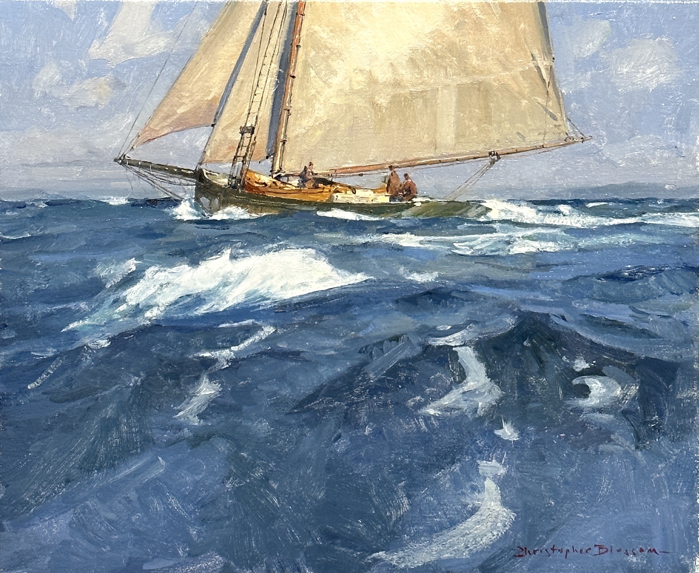 Christopher Blossom (b. 1956), "Gloucester Fishing Sloop Approaching Home," oil on linen, 10 x 12 in., collection of Todd Montanaro