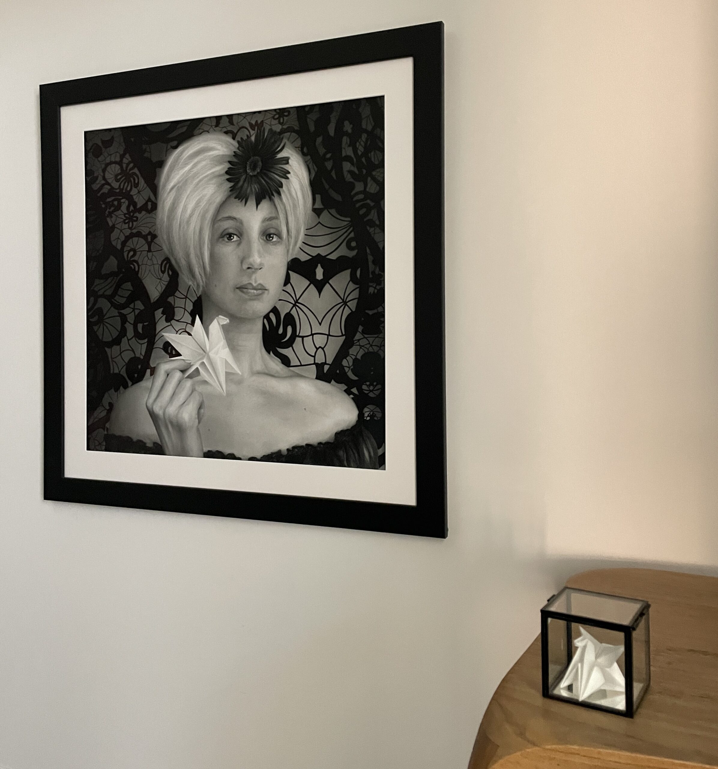 art collections - Marco Tidu (b. 1964), “Vanitas: Allegoria dell’effimero,” charcoal and pencil on paper, 28 x 28 in., collection of Kevin Box. Note Box’s own sculpture at bottom right, which coincidentally resembles one the model is holding in Tidu’s drawing.