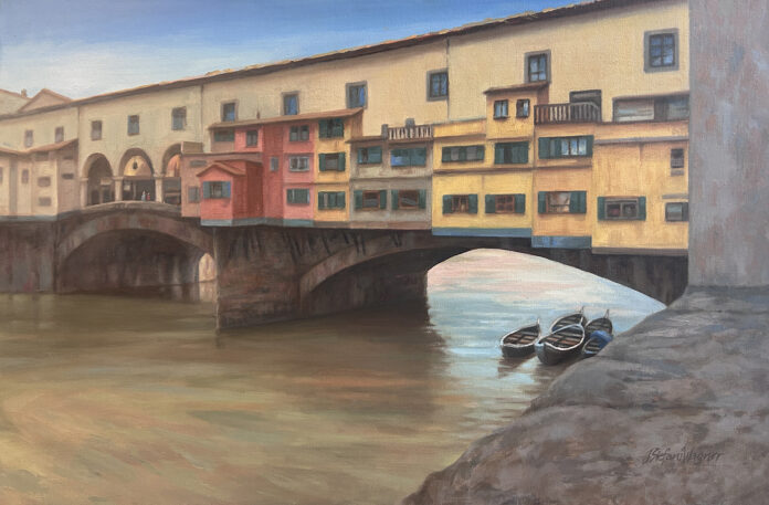 oil painting of homes on bridge with gondolas underneath