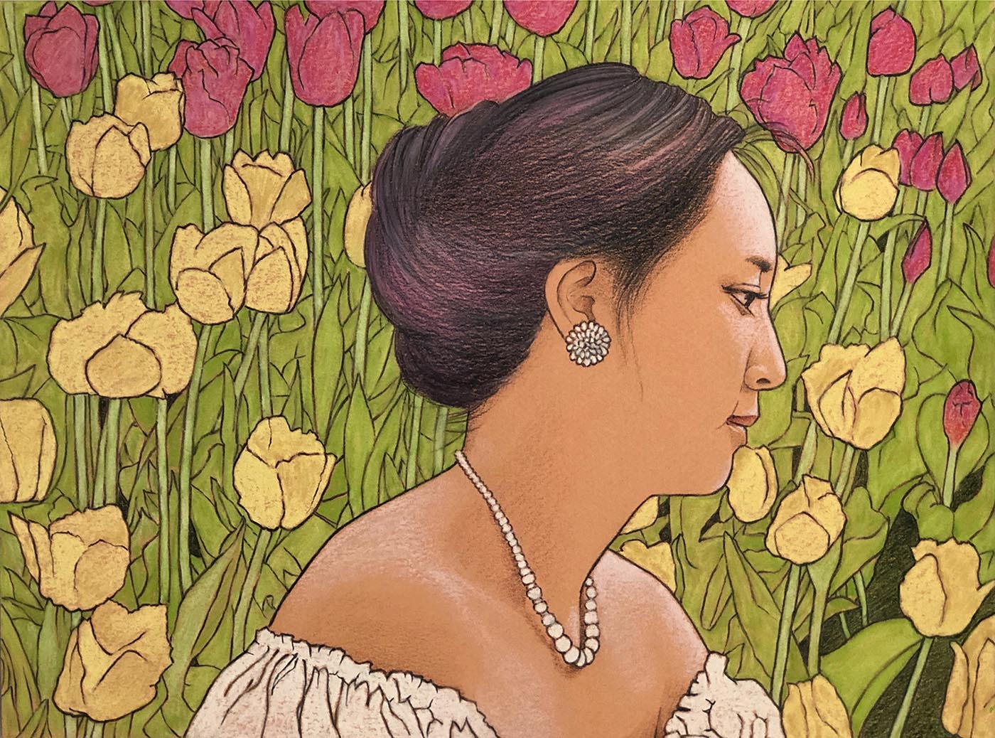 pastel portrait painting of a side profile of a woman surrounded by flowers