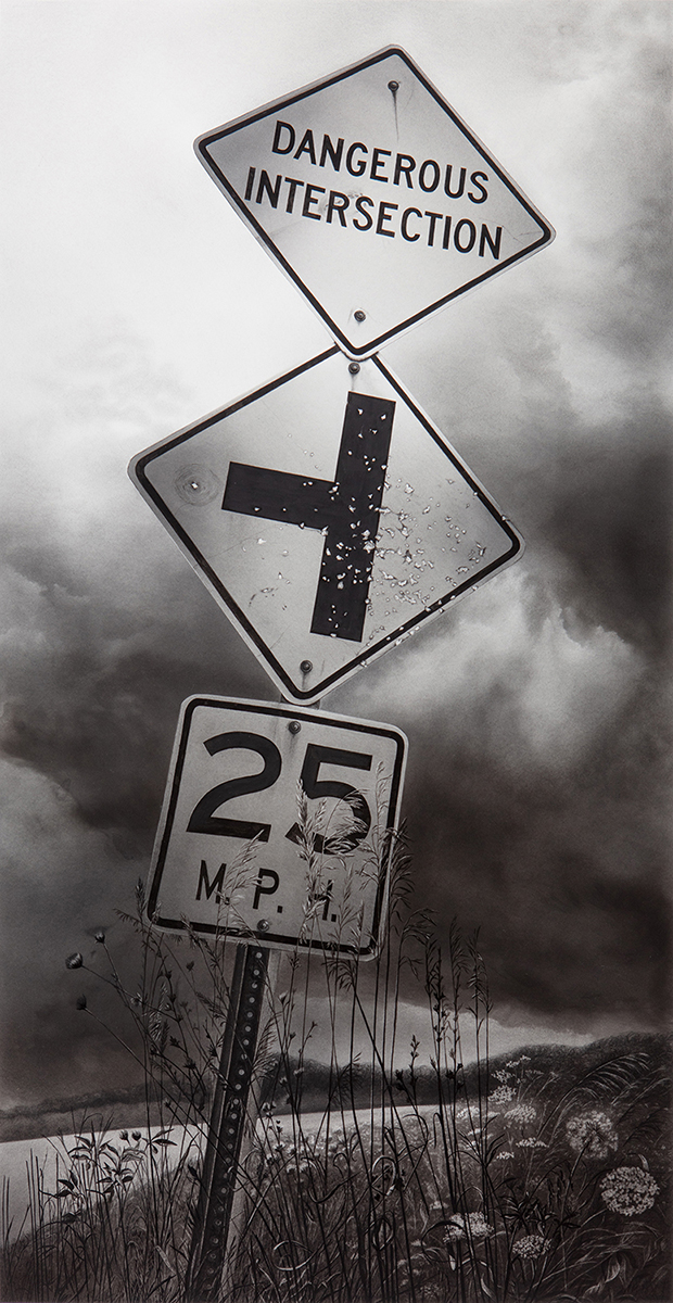 graphite drawing of traffic signs
