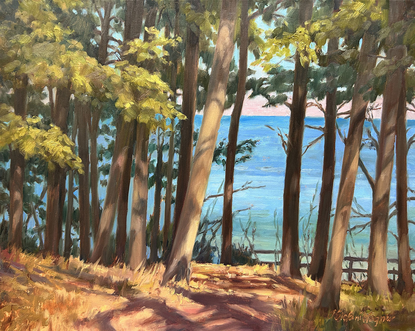 oil painting of lake in background surrounded by trees and path; sunlight shining on ground