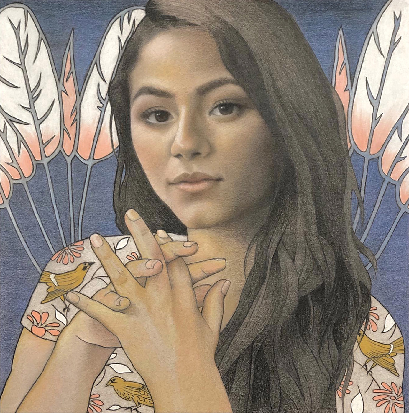 pastel portrait painting of a woman looking at the viewer