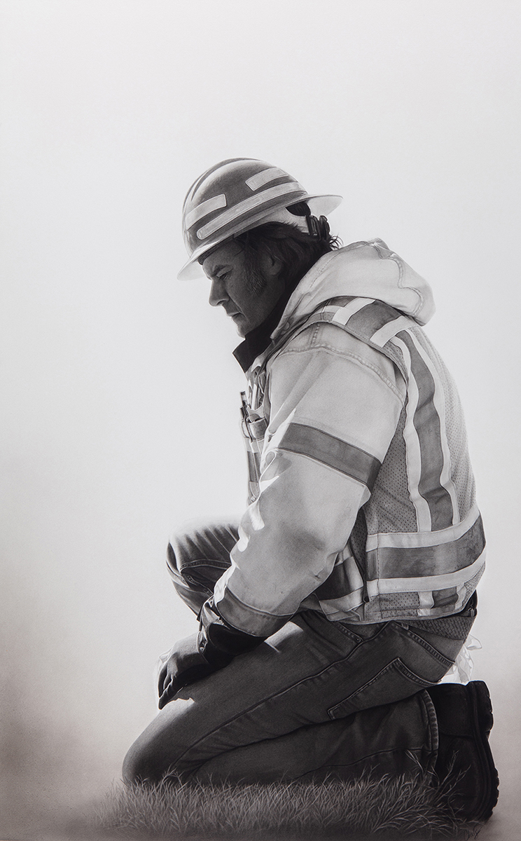 graphite portrait drawing of worker kneeling; plain background