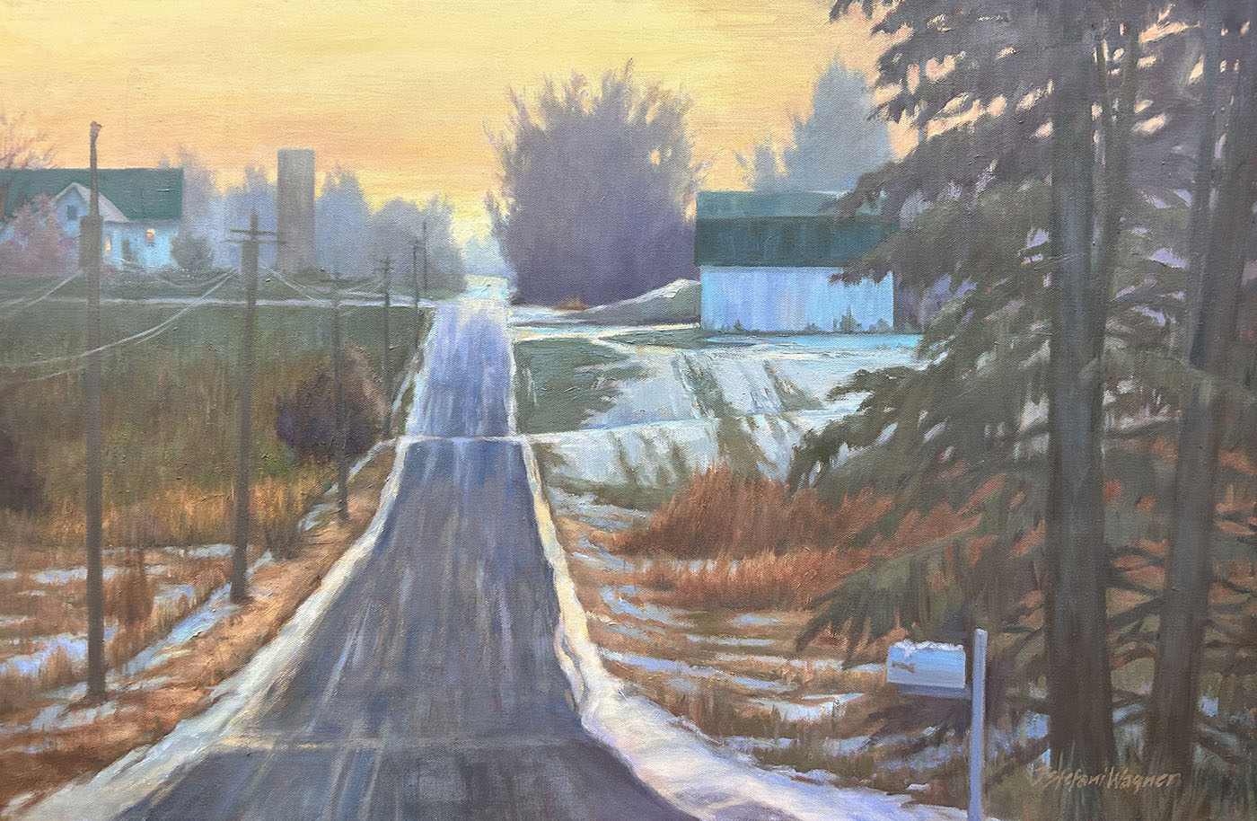 oil painting of road leading off into background, surrounded by trees