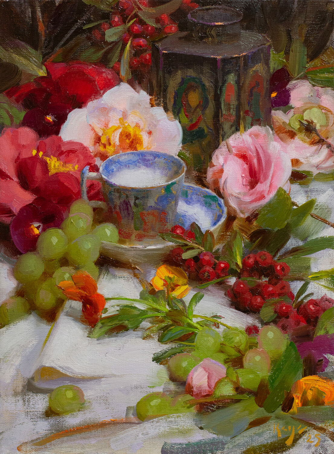 Daniel Keys, "Camellias & Antique Tea Tin," Oil, 16x12 in.