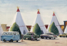 On View: Plein Air Paintings of Route 66 Wendy Ahlm, "Stay at the Wigwams," watercolor, 8 x 12 in.