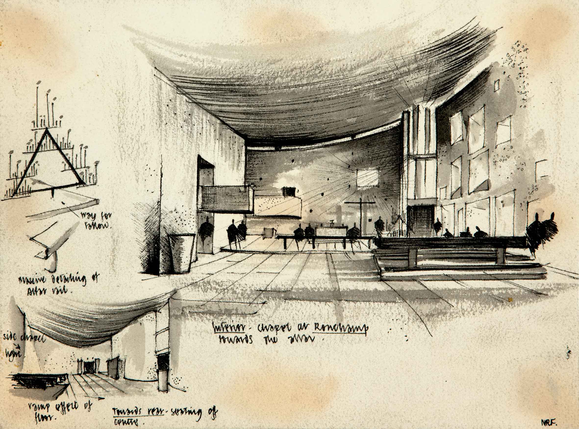 Norman Foster "Interior of Chapel of Ronchamp (sketches, France )," 1959, Ink and watercolour on paper, 29.20 x 35.50cm. Image Credit: Norman Foster Foundation Archive