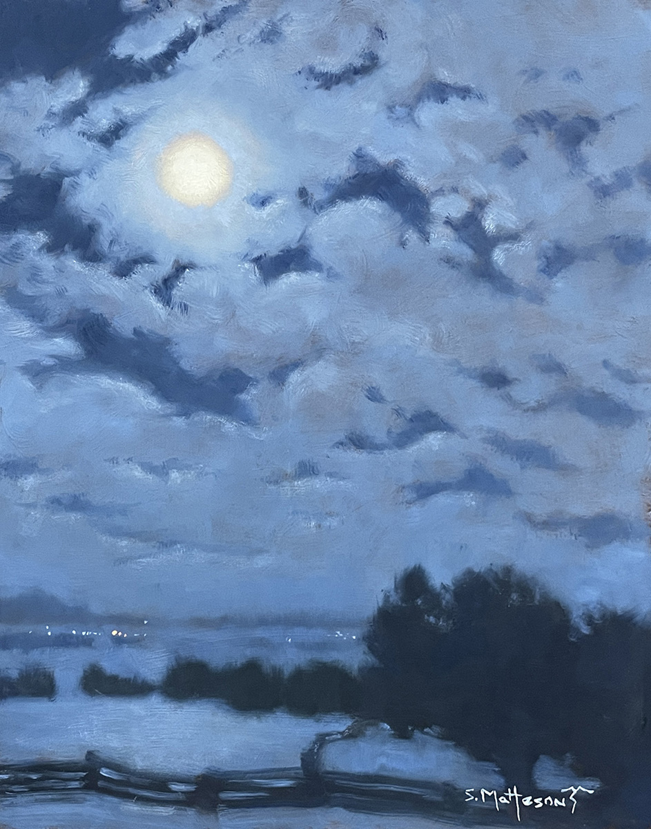 oil painting of moon through clouds in night