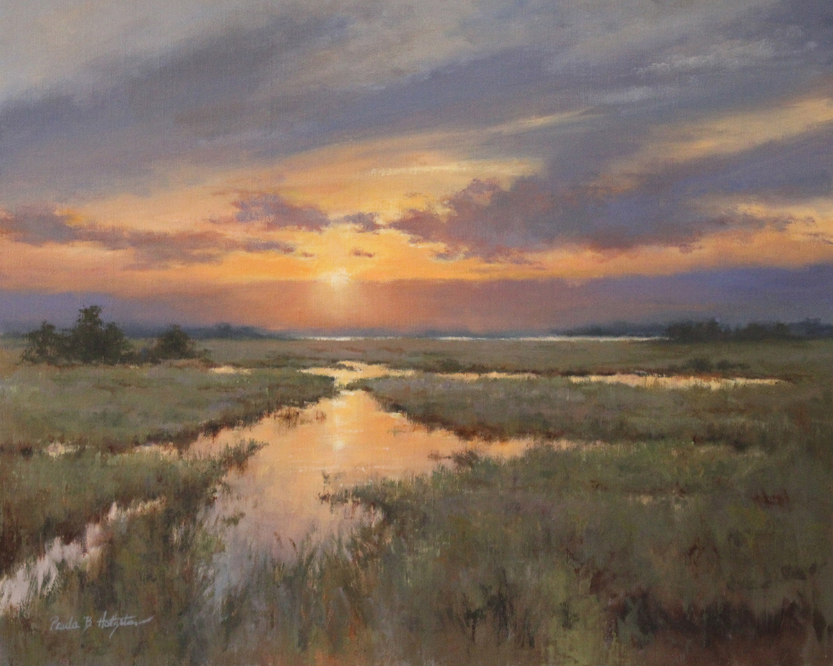 oil painting of sunset over marsh