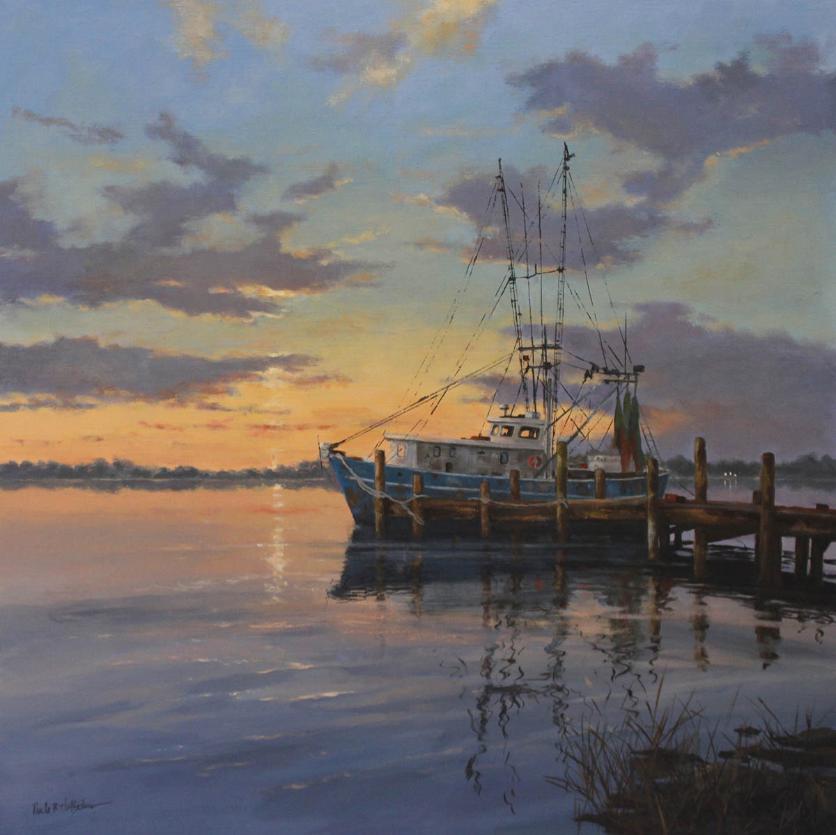oil painting of boat sitting at dock during sunset