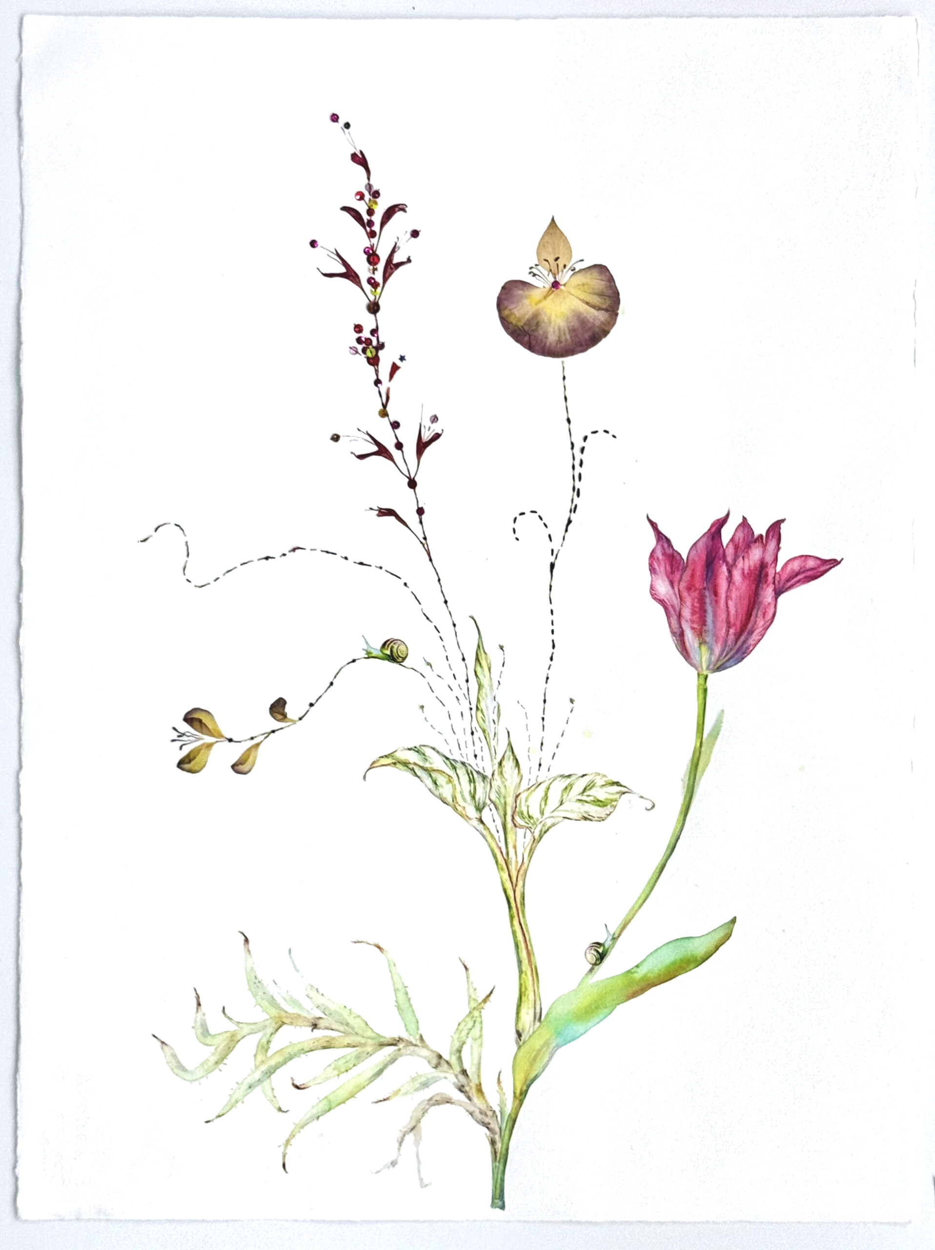 Marilla Palmer, "A Wild Bouquet," 2025, watercolor, pressed petals, sequins, stitching, Durabrite prints on Arches cold press paper, 30 x 22 in.