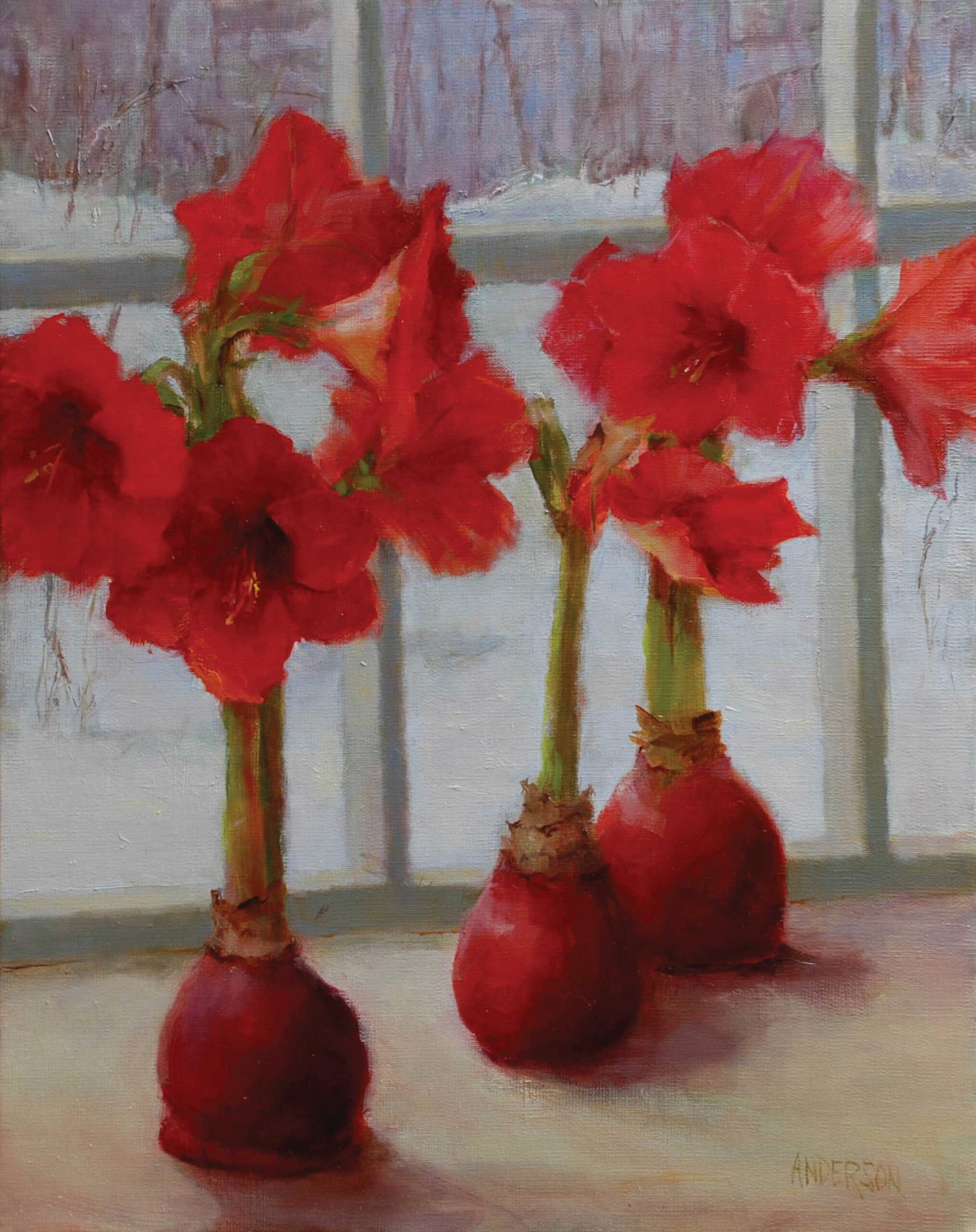 Paintings of Flowers - Kathy Anderson, "Amaryllis in Red Wax," 2024, oil on stretched canvas, 20 x 16 in.