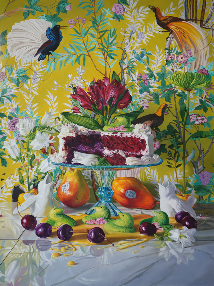 Contemporary paintings for sale - Denise Stewart-Sanabria, “Birds in Red Velvet,” oil on linen, 40” x 30”