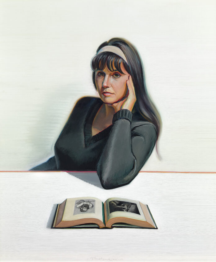 Wayne Thiebaud, "Betty Jean Thiebaud and Book," 1965-1969, Oil on canvas, 36 x 30 in., Crocker Art Museum, gift of Mr. and Mrs. Wayne Thiebaud, 1969.21 EX1143.1 Wayne Thiebaud, "Betty Jean Thiebaud and Book," 1965-1969, Oil on canvas, 36 x 30 in., Crocker Art Museum, gift of Mr. and Mrs. Wayne Thiebaud, 1969.21 EX1143.1
