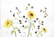 Marilla Palmer: Ecstatic Earth Marilla Palmer, "Ecstasy of the Sun," 2025, watercolor, gold leaf, embroidery, millinery foliage, pressed flowers, Durabright prints on Arches paper, 29.5 x 41 in.