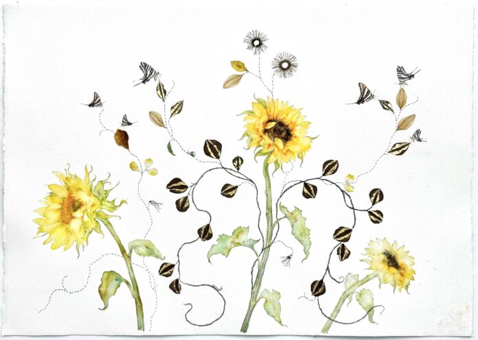 Marilla Palmer, "Ecstasy of the Sun," 2025, watercolor, gold leaf, embroidery, millinery foliage, pressed flowers, Durabright prints on Arches paper, 29.5 x 41 in. Marilla Palmer, "Ecstasy of the Sun," 2025, watercolor, gold leaf, embroidery, millinery foliage, pressed flowers, Durabright prints on Arches paper, 29.5 x 41 in.