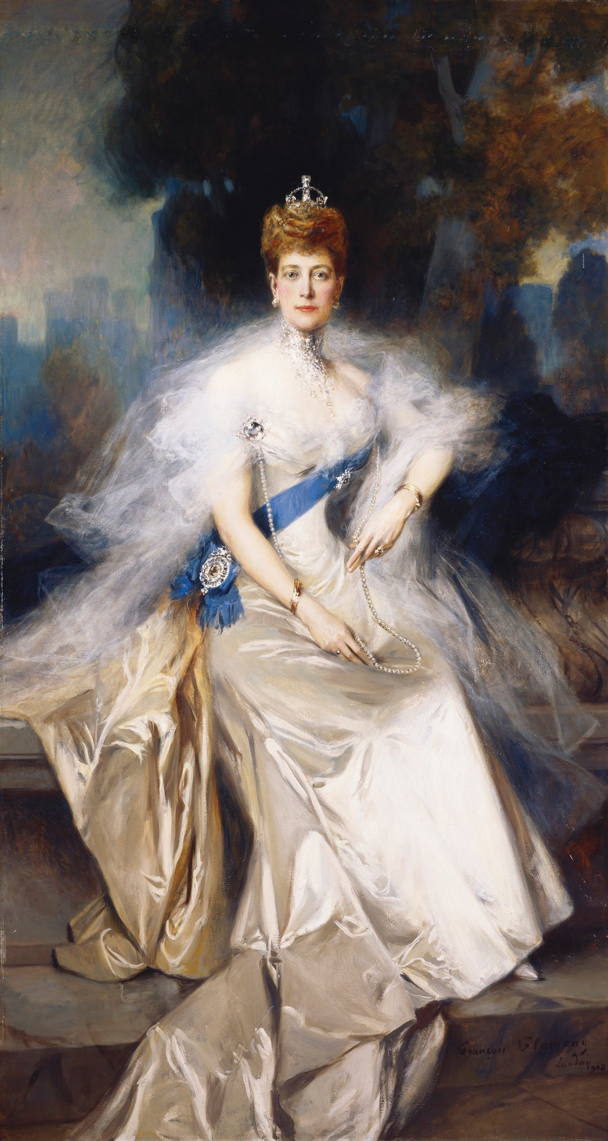 François Flameng (1856–1923), "Portrait of Queen Alexandra (1844–1925)," 1908, oil on canvas, 100 x 52 in., Royal Collection Trust 