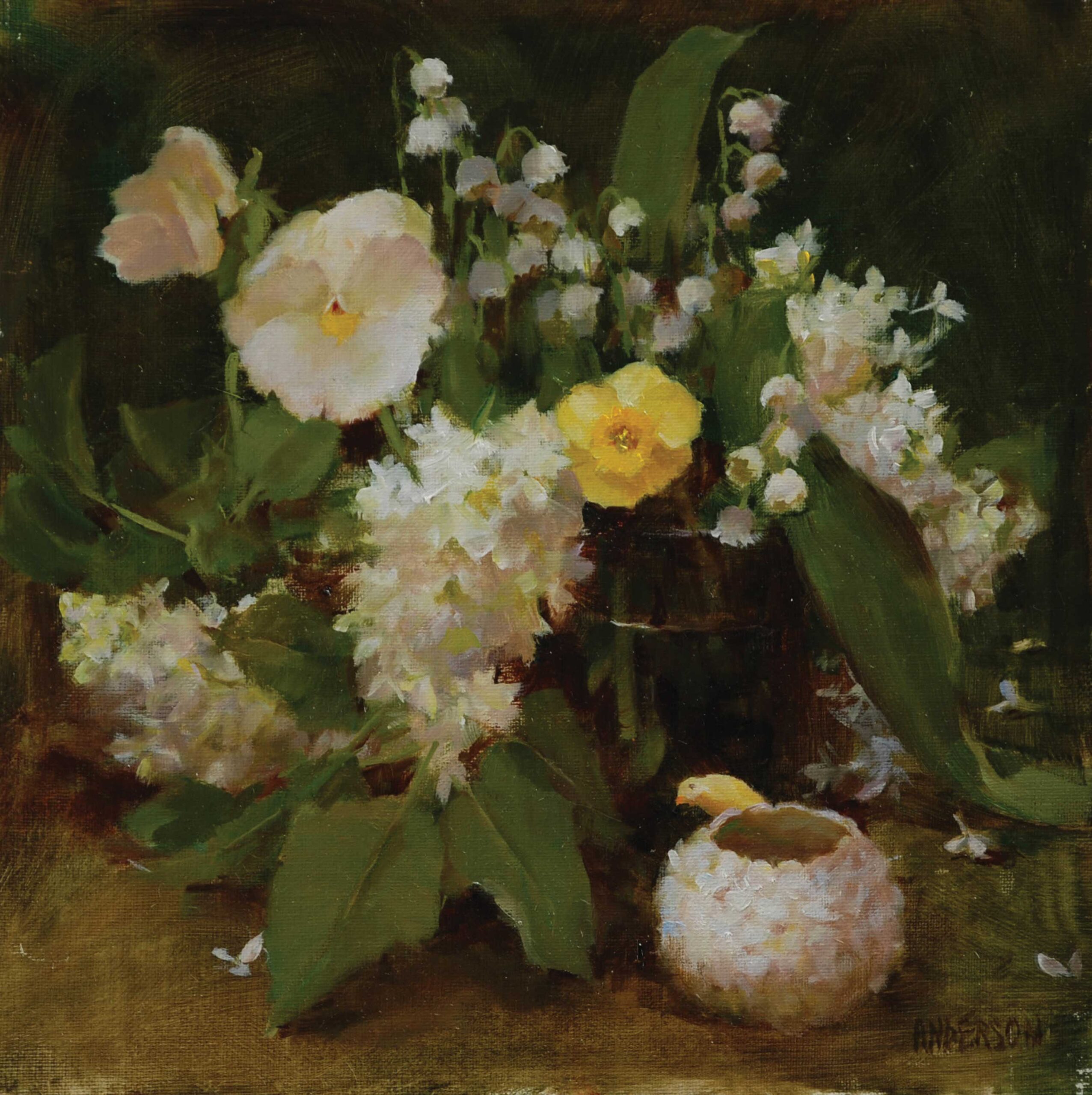 Kathy Anderson, "Harmony in White with Lilacs," 2024, oil on board, 10 x 10 in.