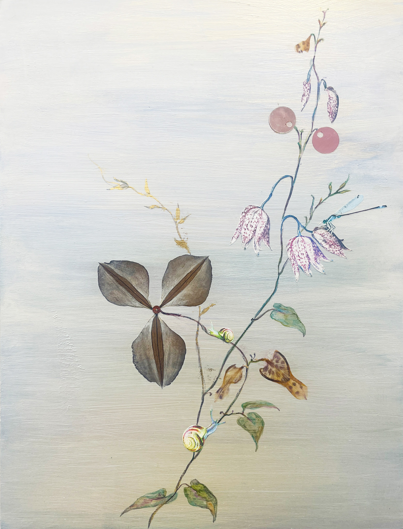 Marilla Palmer, "Ecstatic Clematis," 2025, pressed petals, Durabrite prints, sequins, 24K gold leaf, acrylic on Ampersand panel, 16 x 12 in.
