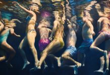 Cenotes: Underwater Figure Paintings Anne Leone, "Corazon del Paraiso #18," 2024, acrylic on canvas, 48 x 110 in.