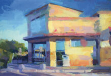 Available Art: Paintings of Conejo Valley and the Malibu Coast “Walgreens” by Harvey Cusworth, 2025, Oil on canvas, 11 x 14 inches.