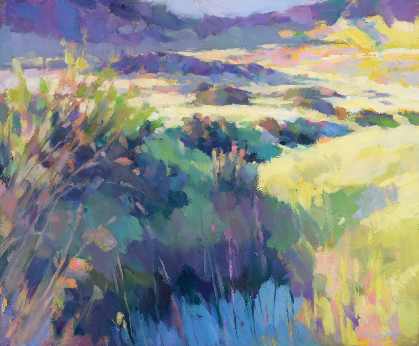 “Pond in Blue” by Harvey Cusworth, 2023, Oil on canvas, 20 x 24 inches, at Santa Paula Art Museum