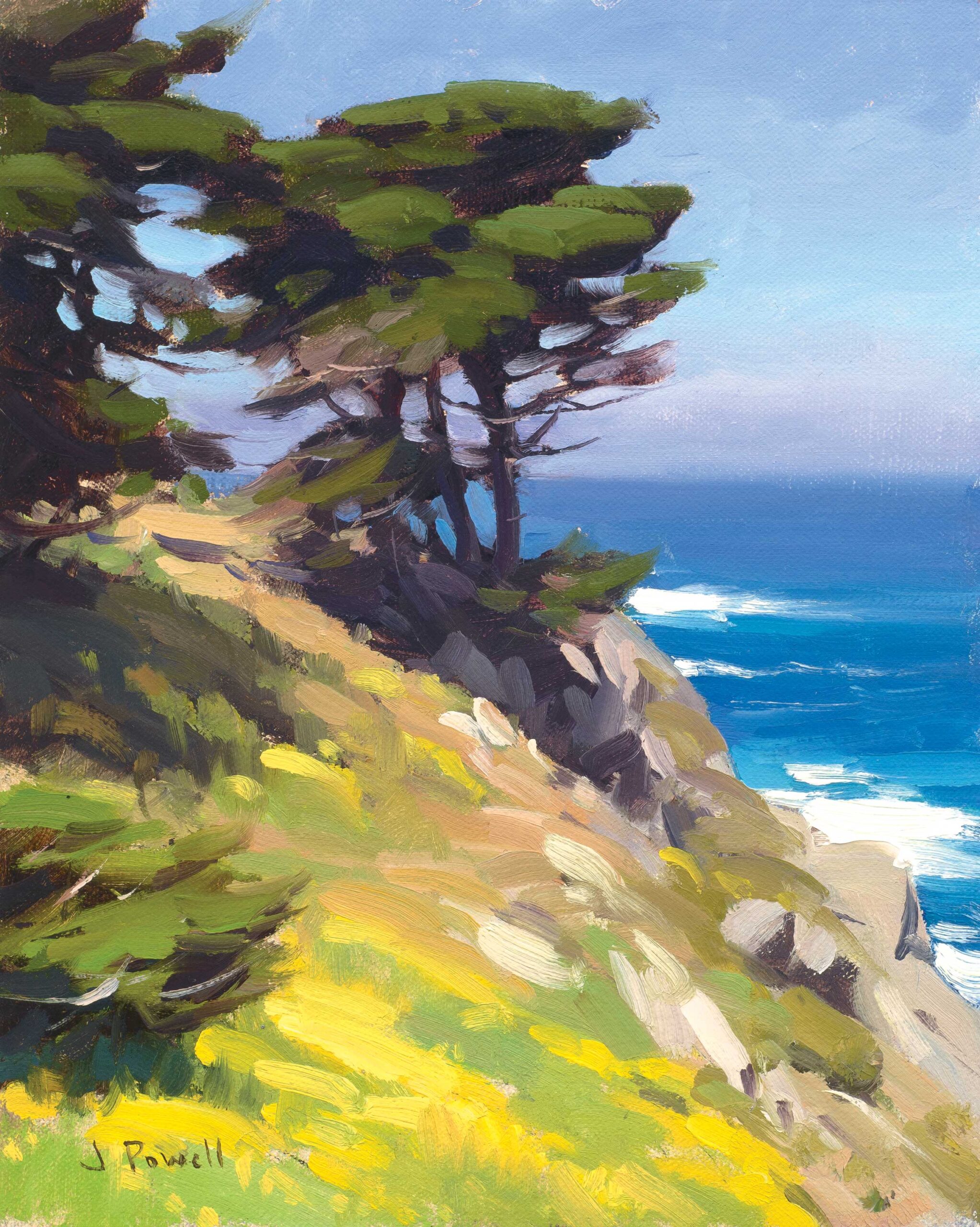 Jesse Powell, "Point Lobos, Spring," 2024, oil on linen, 10 x 8 in., available through the artist