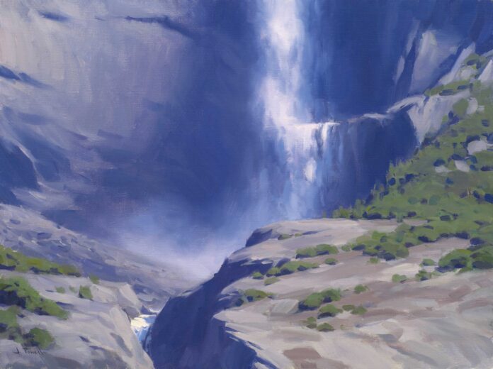landscape paintings - Jesse Powell, "Yosemite Falls," 2024, oil on linen, 18 x 24 in., available through the artist