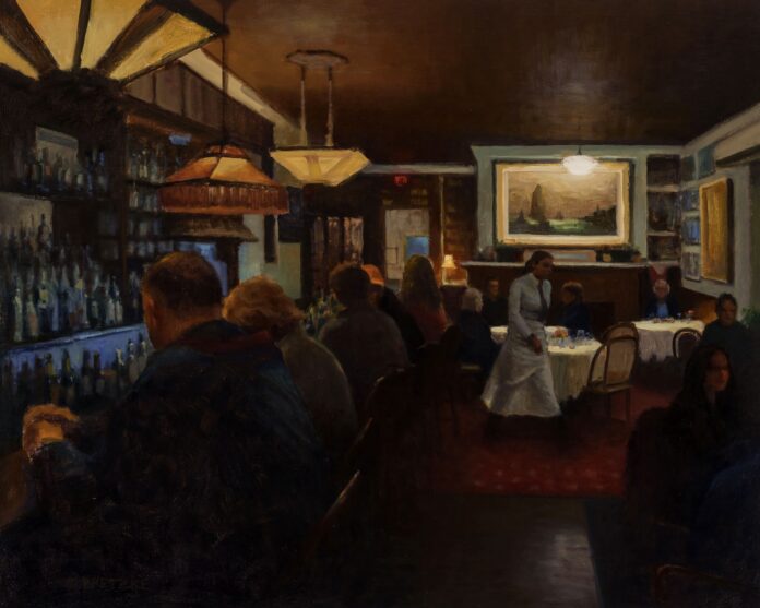 Carl Bretzke, Lobby Bar – American Hotel, 24 x 30 inches, Oil on linen, 2025