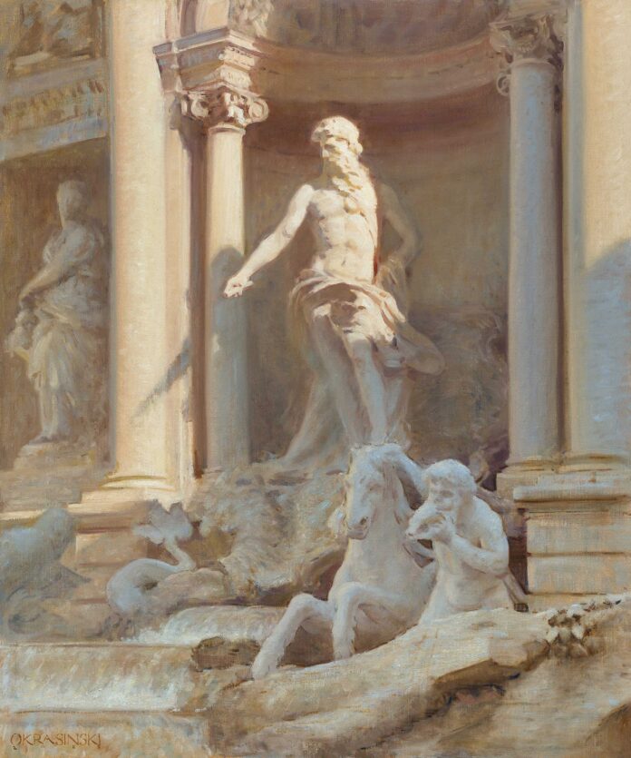 Contemporary realism - Patrick Okrasinski, "Trevi Fountain," 2024, oil on linen, 30 x 25 in., available through the artist