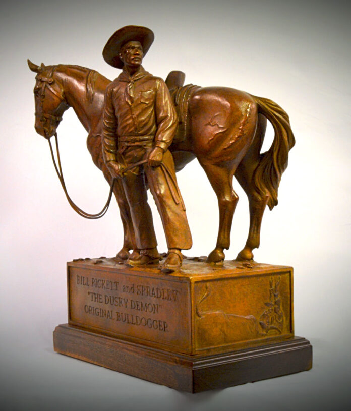 western art - Laquincey Reed, "Bill Pickett and Spradley," 2023, bronze [edition of 10], 18 x 13 1/4 x 7 1/2 in., JRB Art at the Elms (Oklahoma City)