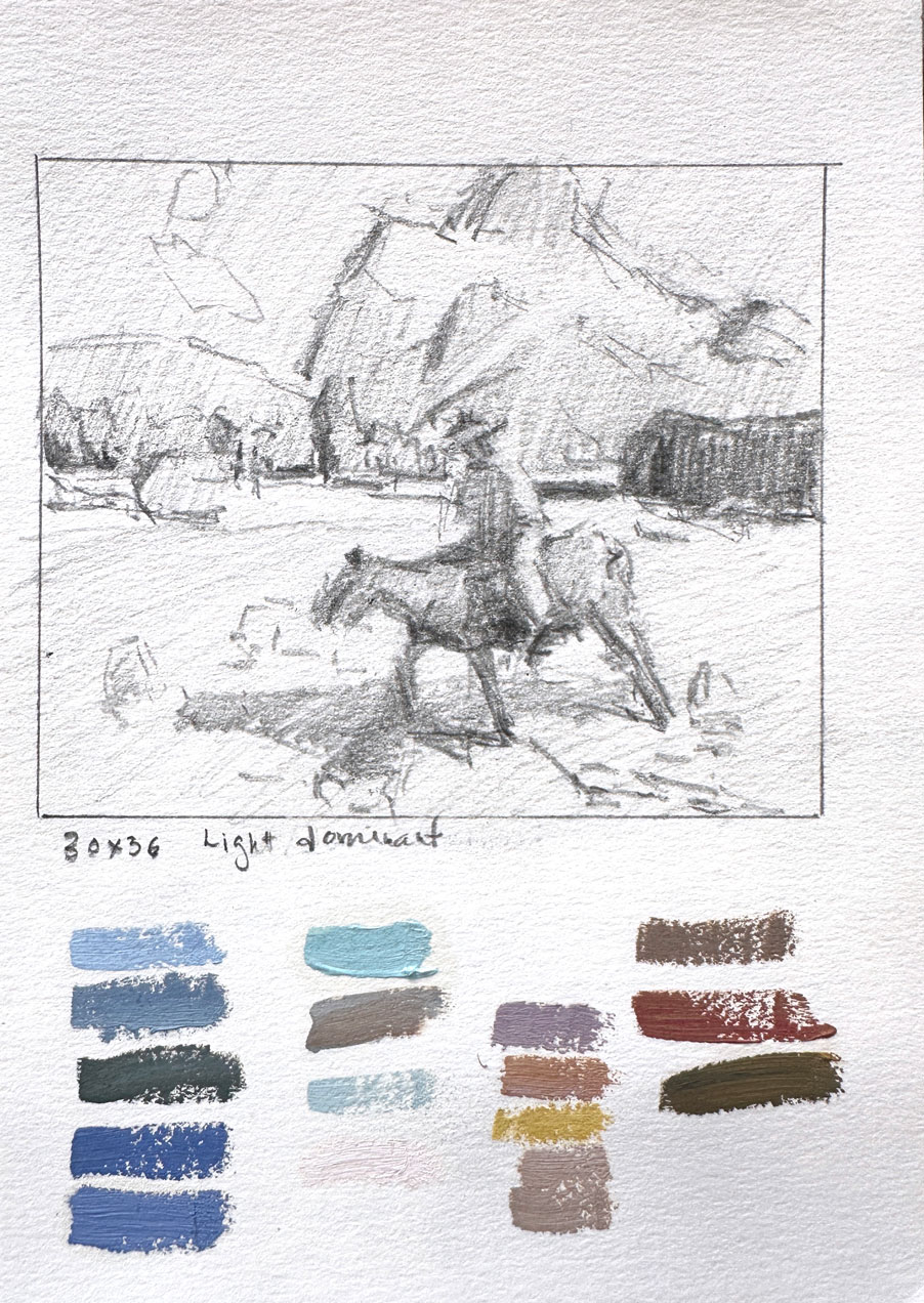 Lori Putnam, thumbnail sketch, pencil with oil color swatches, 7 x 5”