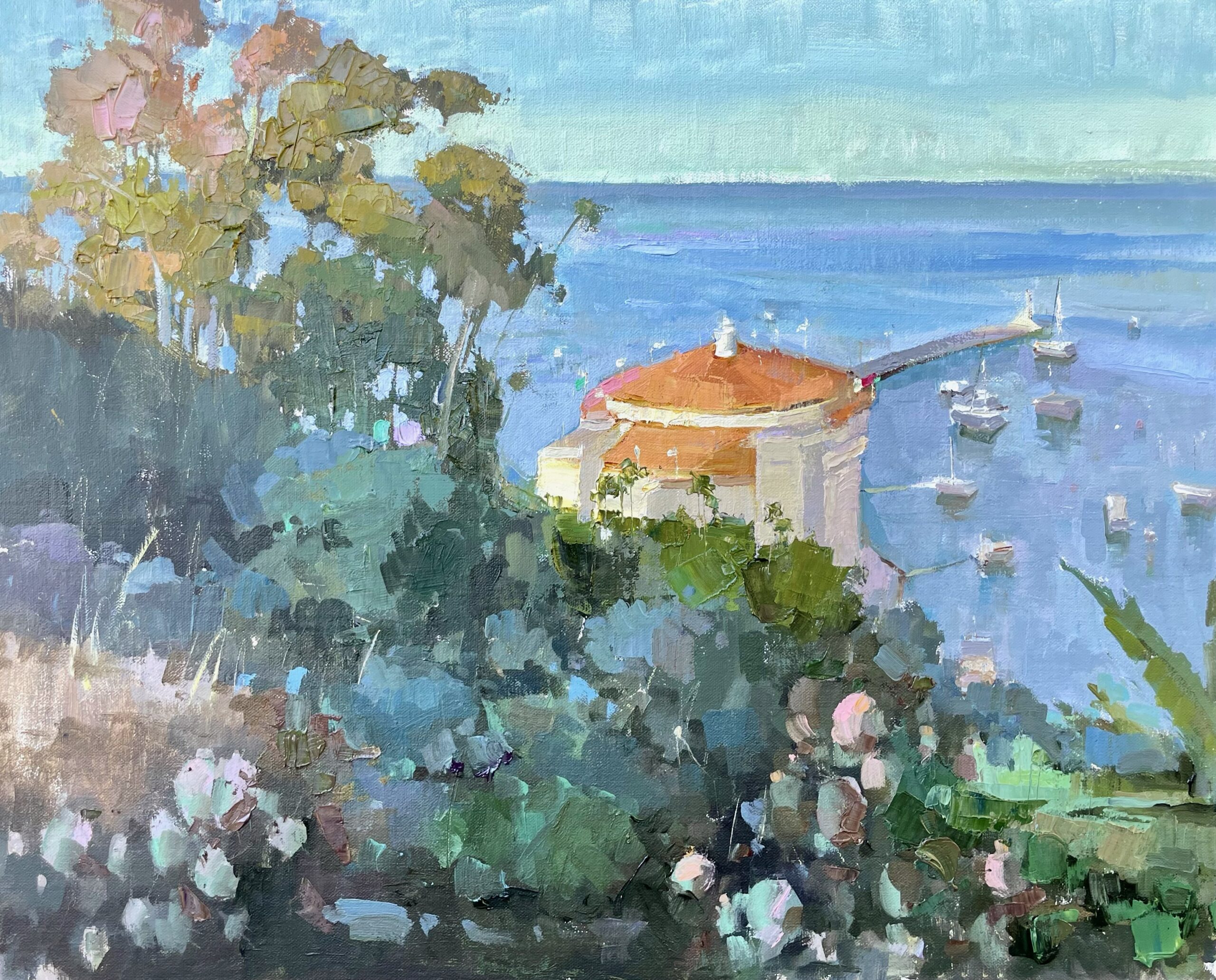 Michele Usibelli, "Avalon Harbor at Dusk," oil, 16 x 20 in.