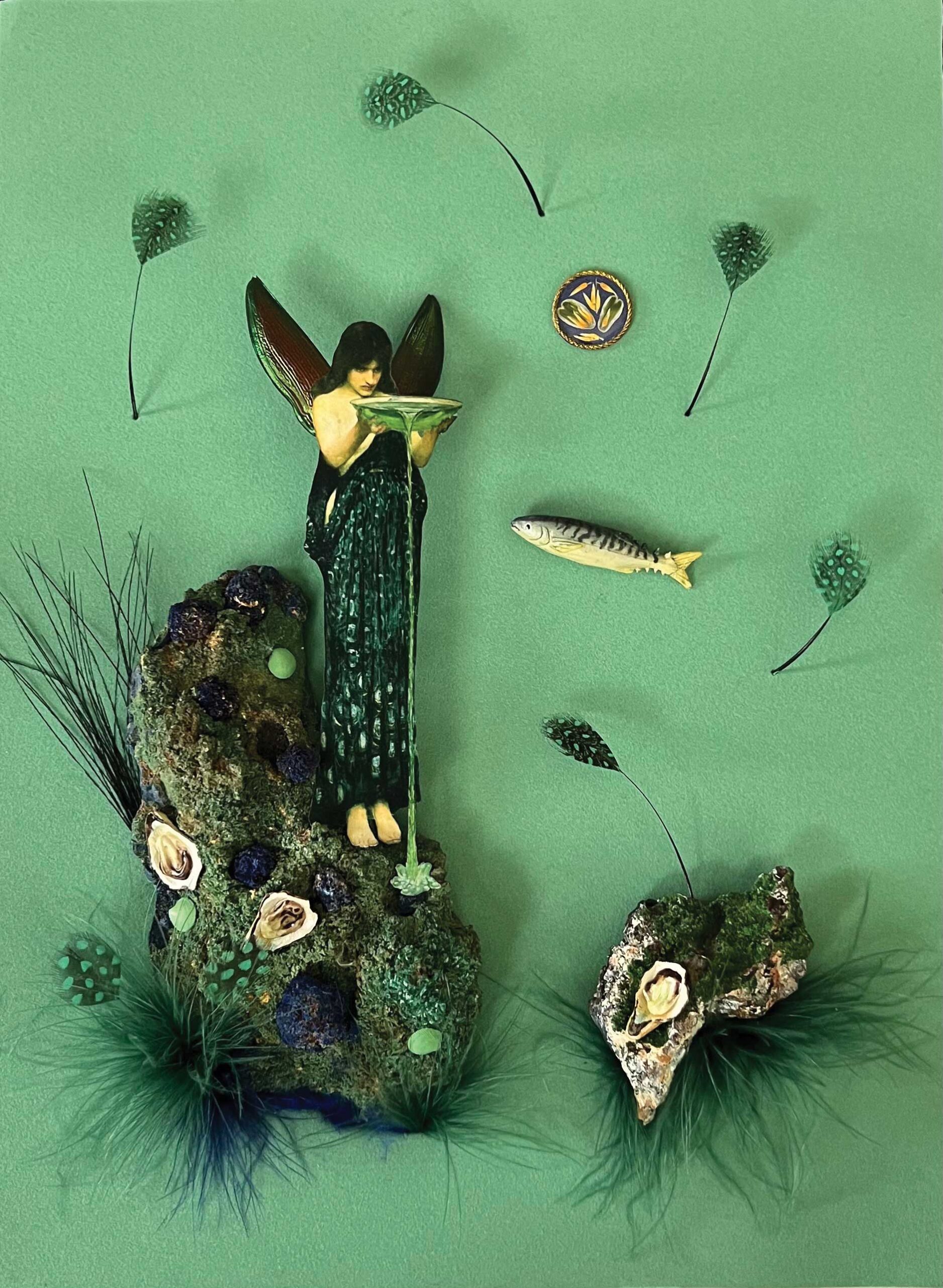 Maureen McCabe (b. 1947), "Circe (with Oysters and a Mackerel)," 2024, mixed media on velour paper, 13 x 10 x 3 in., collection of the artist; photo: Paul Mutino