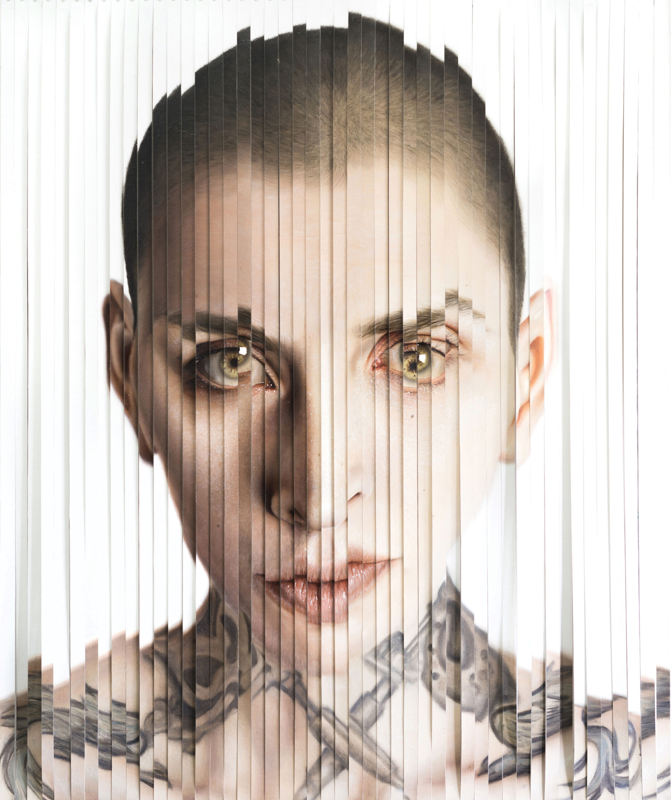 Kit King (b. 1987), "The Tangible Manifestation of Change," 2017, oil on linen, cut and riveted to an aluminum and steel support, 50 x 36 1/4 in.