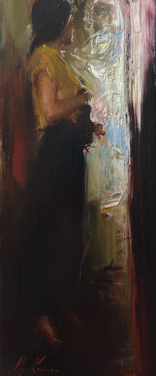 Olga Krimon (b. 1972), "Wait," 2018, oil on panel, 15 x 6 in.