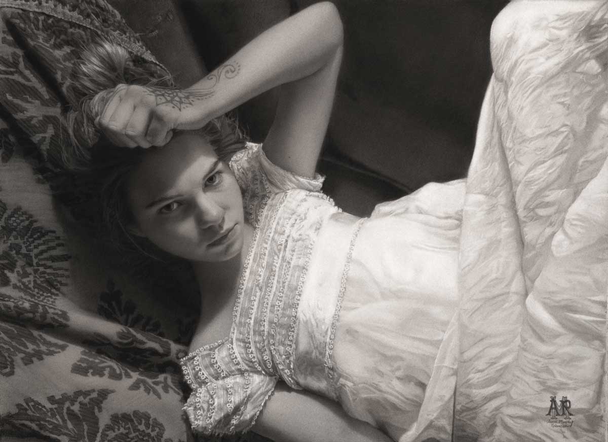 Second Place: Annie Murphy Robinson, "The Parlor," sanded charcoal on paper, 23 x 34 in.