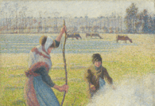 The Honest Eye: Camille Pissarro’s Impressionism Camille Pissarro, "Hoar-Frost, Peasant Girl Making a Fire (Gelée blanche, jeune paysanne faisant du feu)," 1888. Oil on canvas; 36 1/2 × 36 3/8 in. Hasso Plattner Collection at the Museum Barberini. Image courtesy akg-images/Laurent Lecat